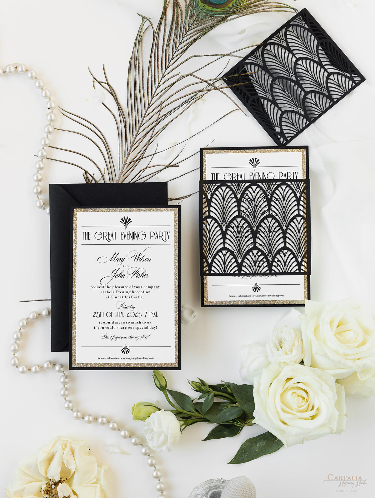 Luxury Glittering Art Deco 20s Gatsby Gate Laser Cut Sleeve Wedding Evening Invitation