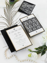 Luxury Glittering Art Deco 20s Gatsby Gate Laser Cut Sleeve Wedding Evening Invitation