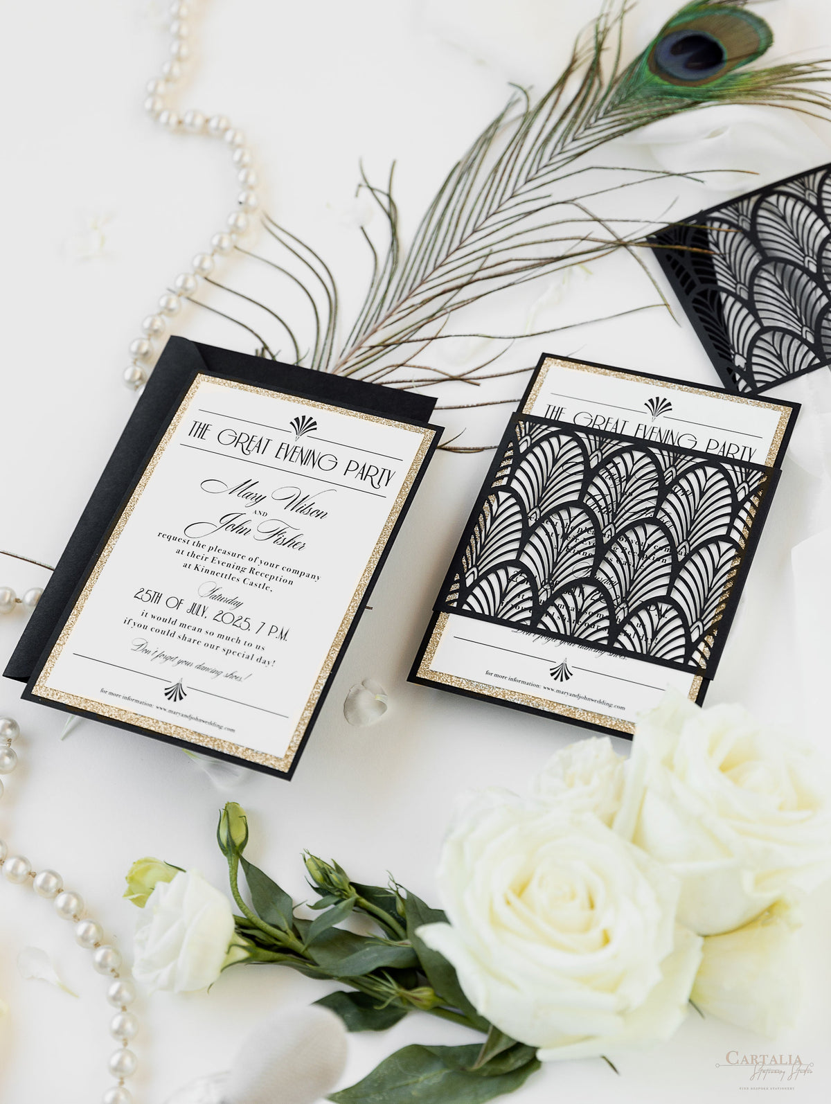 Luxury Glittering Art Deco 20s Gatsby Gate Laser Cut Sleeve Wedding Evening Invitation