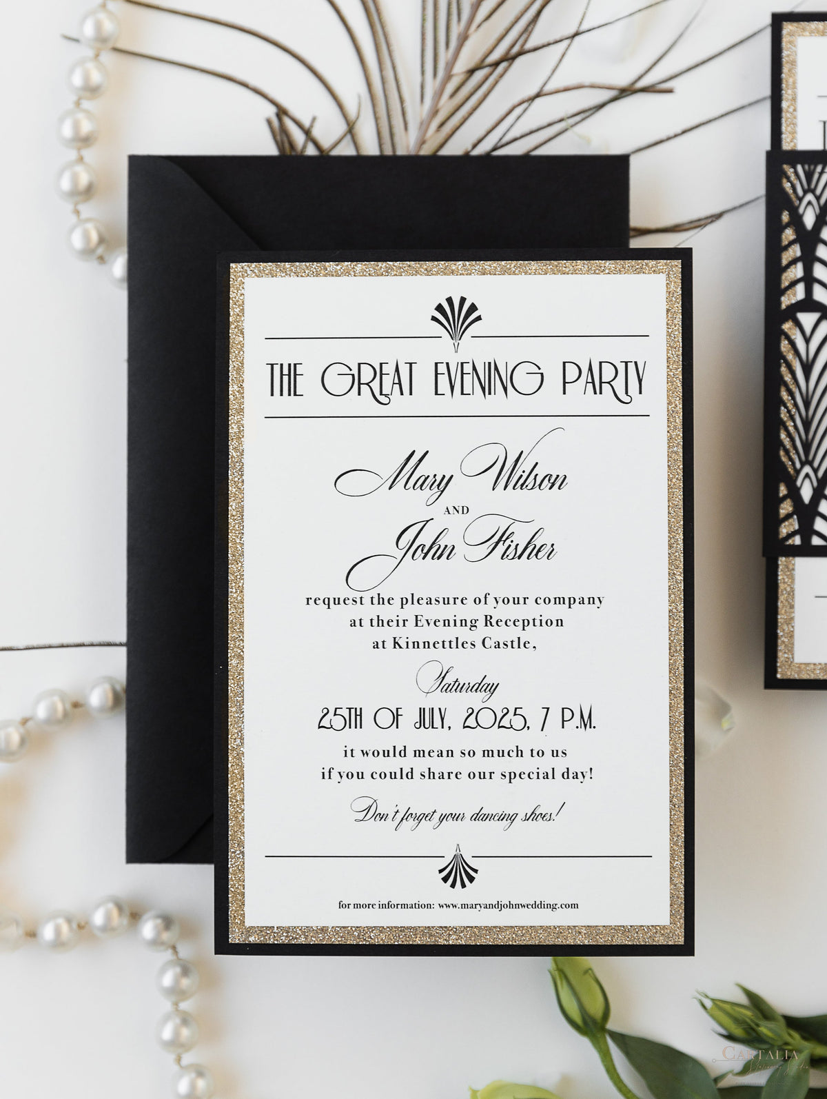 Luxury Glittering Art Deco 20s Gatsby Gate Laser Cut Sleeve Wedding Evening Invitation