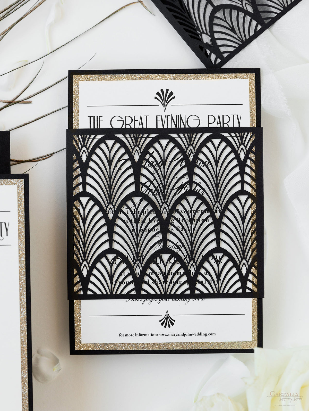 Invitación de noche de boda con manga cortada con láser, estilo Art Déco brillante de lujo, años 20, Gatsby Gate