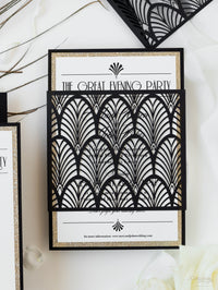 Luxury Glittering Art Deco 20s Gatsby Gate Laser Cut Sleeve Wedding Evening Invitation