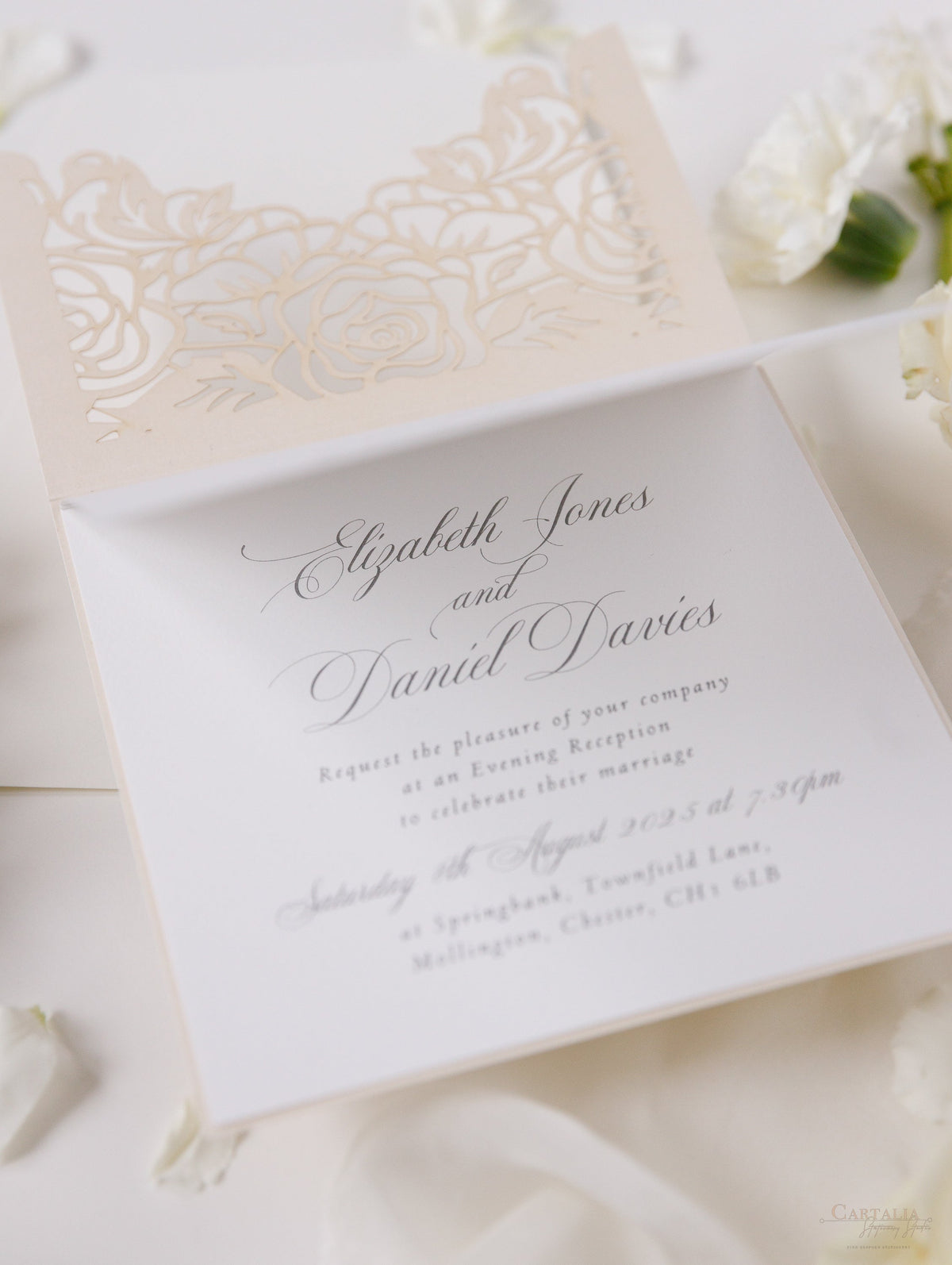 Classic Elegance Laser cut Evening Invitation in Cream and Champagne Metallic Colours