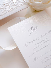 Folder Pocket Pearl Foil Intricate Laser Cut Roses Suite with RSVP Card