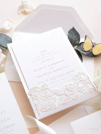 Folder Pocket Pearl Foil Intricate Laser Cut Roses Suite with Rsvp Card