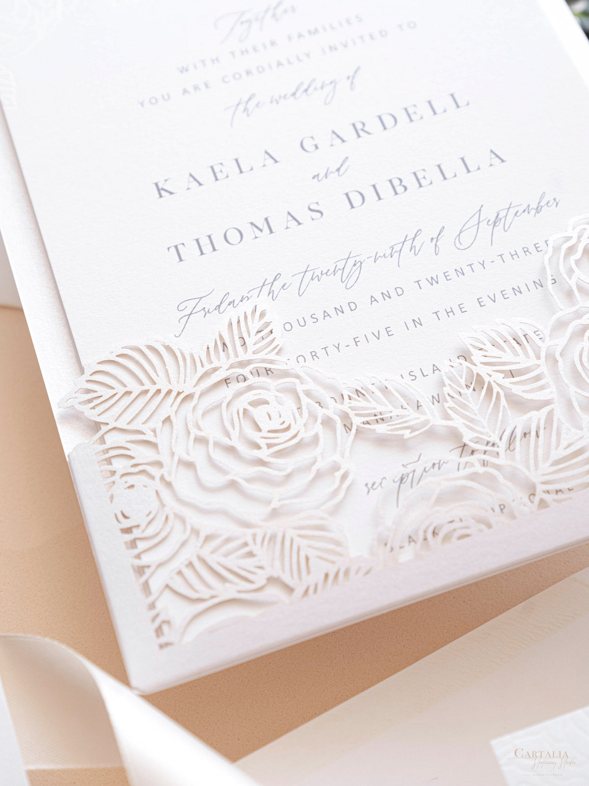 Folder Pocket Pearl Foil Intricate Laser Cut Roses Suite with RSVP Card