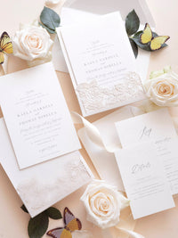 Folder Pocket Pearl Foil Intricate Laser Cut Roses Suite with RSVP Card