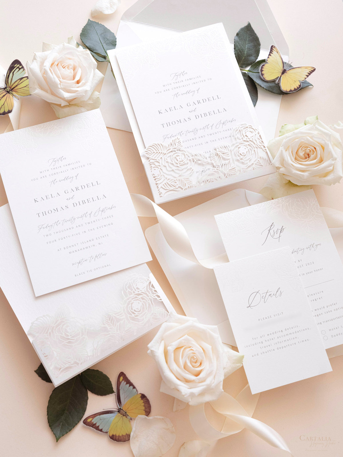 Folder Pocket Pearl Foil Intricate Laser Cut Roses Suite with RSVP Card