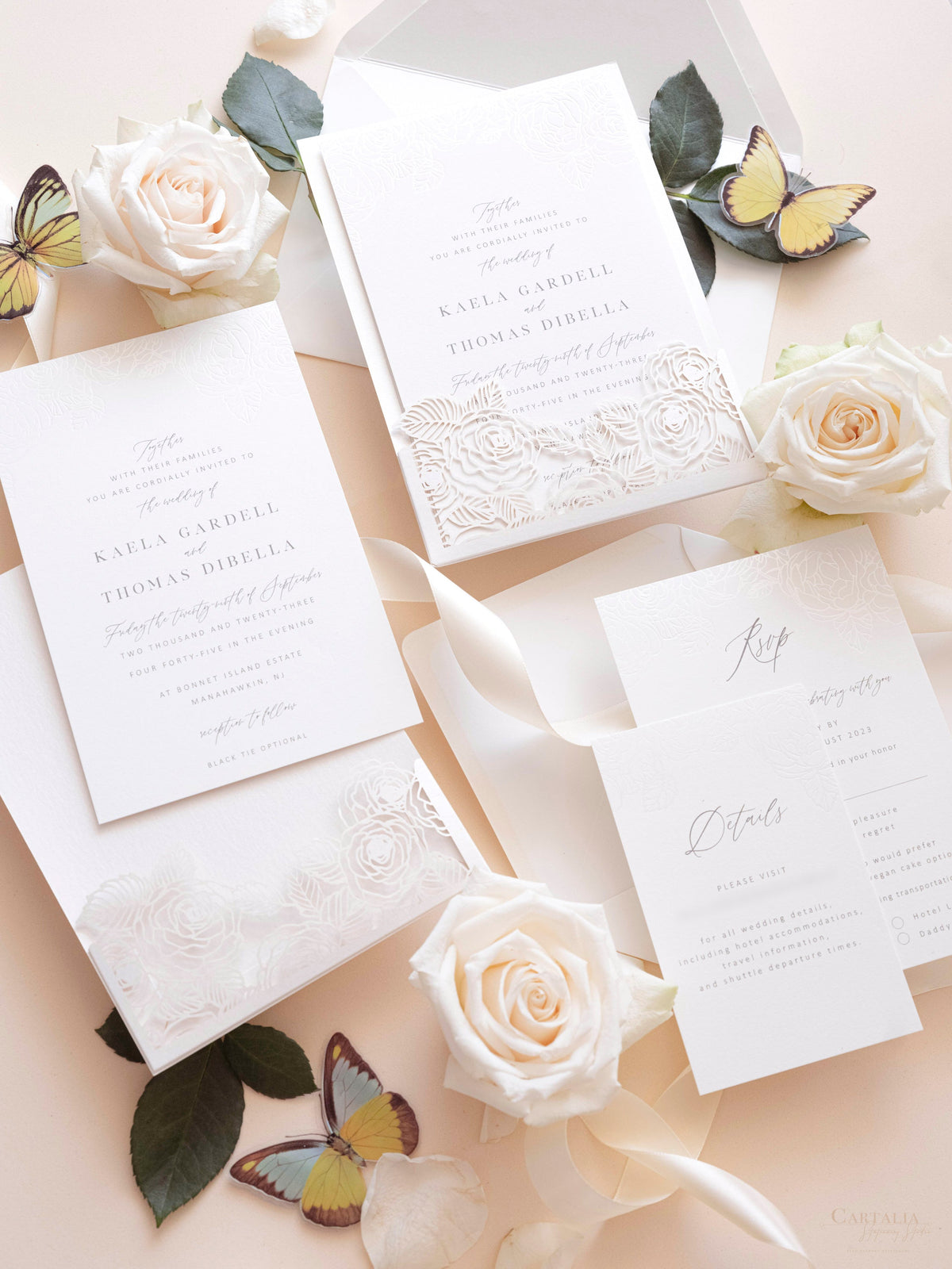 Folder Pocket Pearl Foil Intricate Laser Cut Roses Suite with Rsvp Card