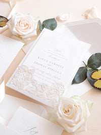 Folder Pocket Pearl Foil Intricate Laser Cut Roses Suite with Rsvp Card