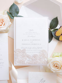 Folder Pocket Pearl Foil Intricate Laser Cut Roses Suite with Rsvp Card