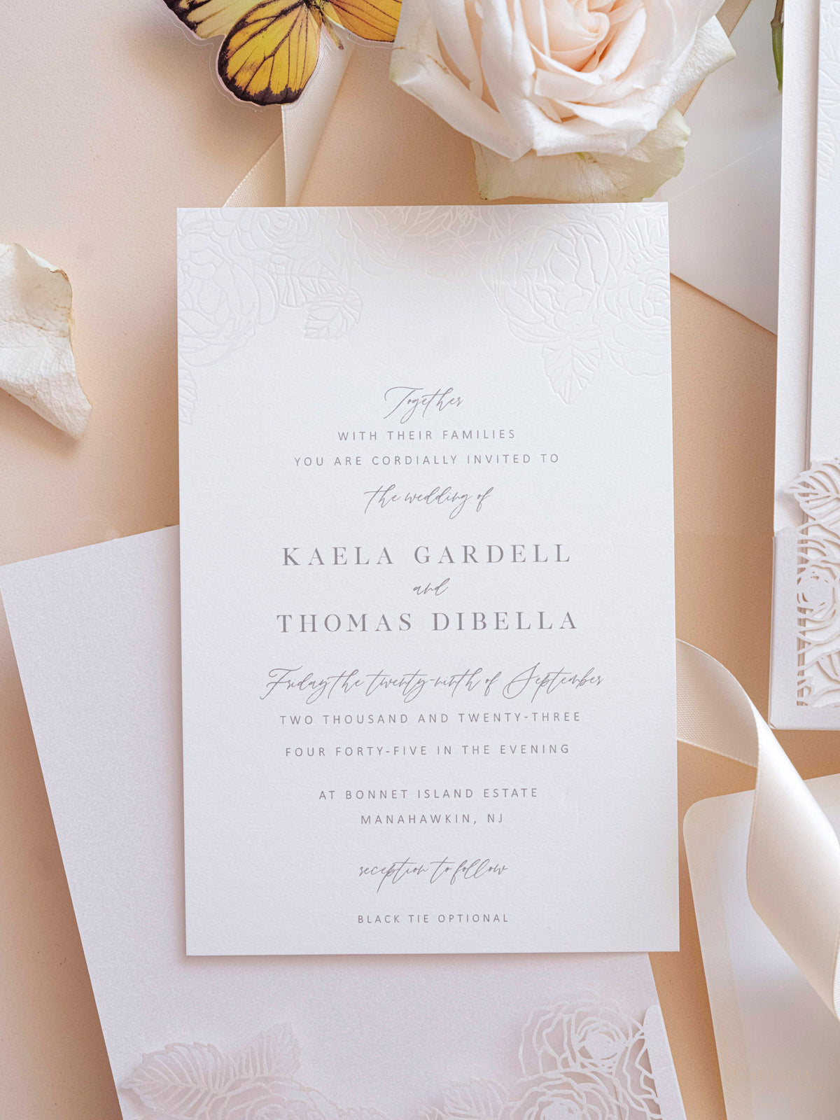 Folder Pocket Pearl Foil Intricate Laser Cut Roses Suite with RSVP Card