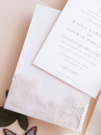 Folder Pocket Pearl Foil Intricate Laser Cut Roses Suite with RSVP Card