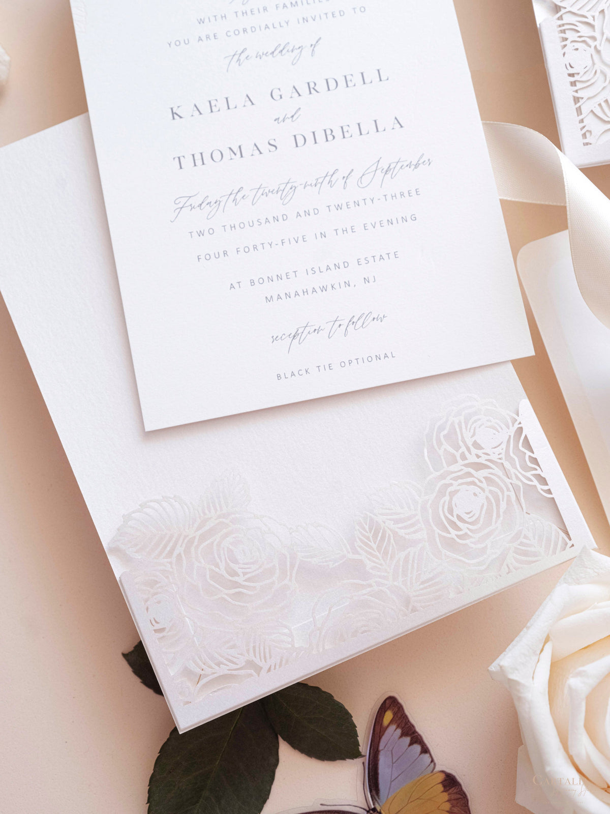 Folder Pocket Pearl Foil Intricate Laser Cut Roses Suite with RSVP Card