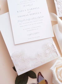 Folder Pocket Pearl Foil Intricate Laser Cut Roses Suite with Rsvp Card