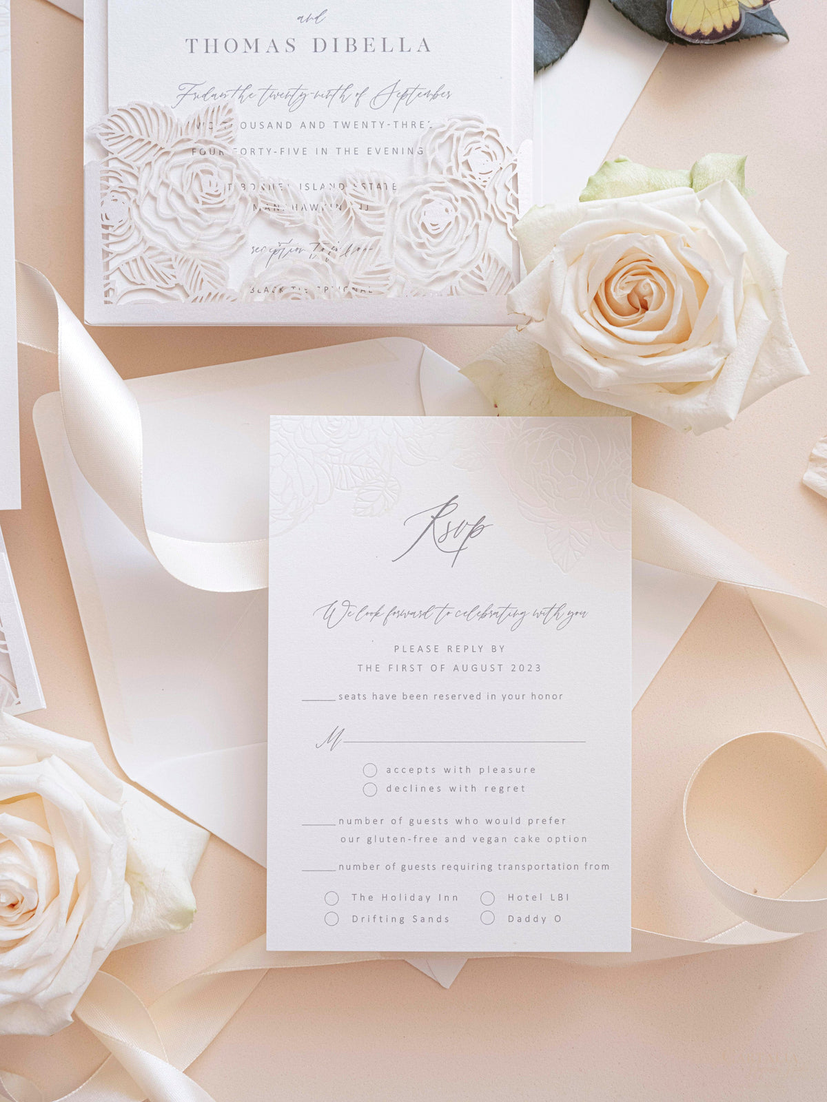 Folder Pocket Pearl Foil Intricate Laser Cut Roses Suite with Rsvp Card