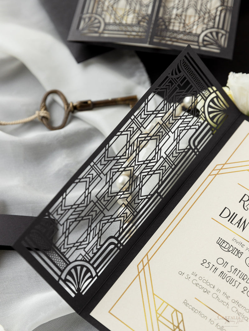 Art Deco Black Intricate Lasercut Gate, Great Gatsby Wedding Invitation with Belly Band Monogram