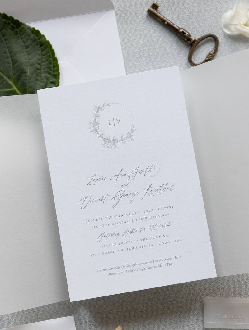 Suite per inviti di nozze con rivestimento in pergamena calligrafica moderna con sigillo in cera bianca