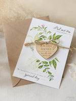 Wooden Engraved Heart Save the Date Fridge Magnet with Green Foliage