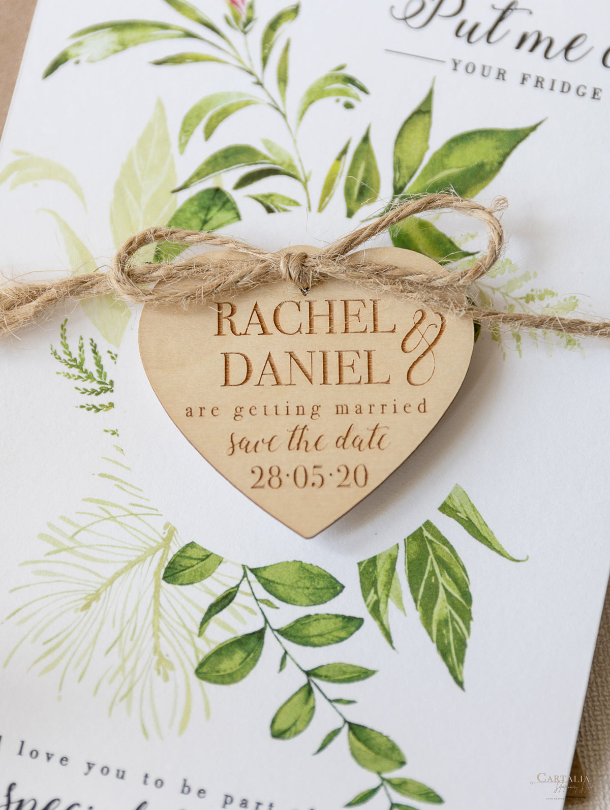 Wooden Engraved Heart Save the Date Fridge Magnet with Green Foliage