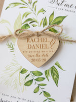 Wooden Engraved Heart Save the Date Fridge Magnet with Green Foliage