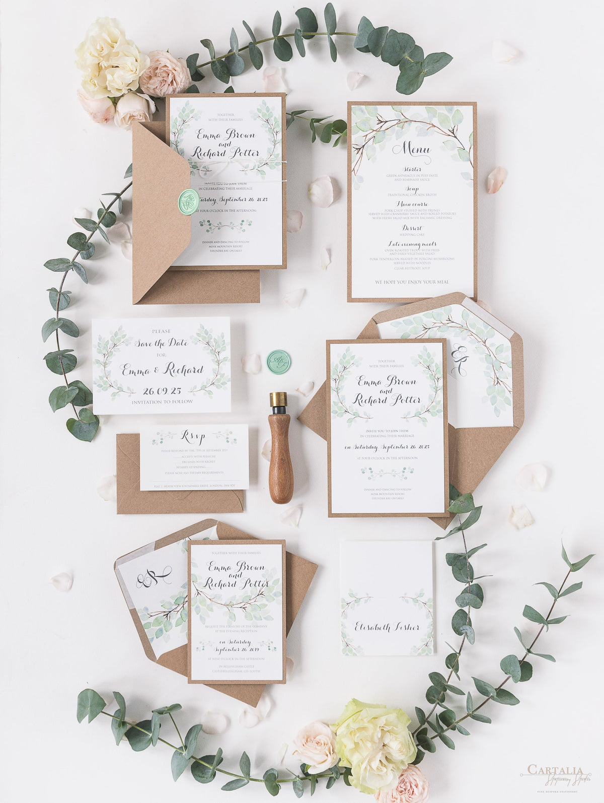 Green Watercolour Leaf Rustic Wedding Evening Invitation