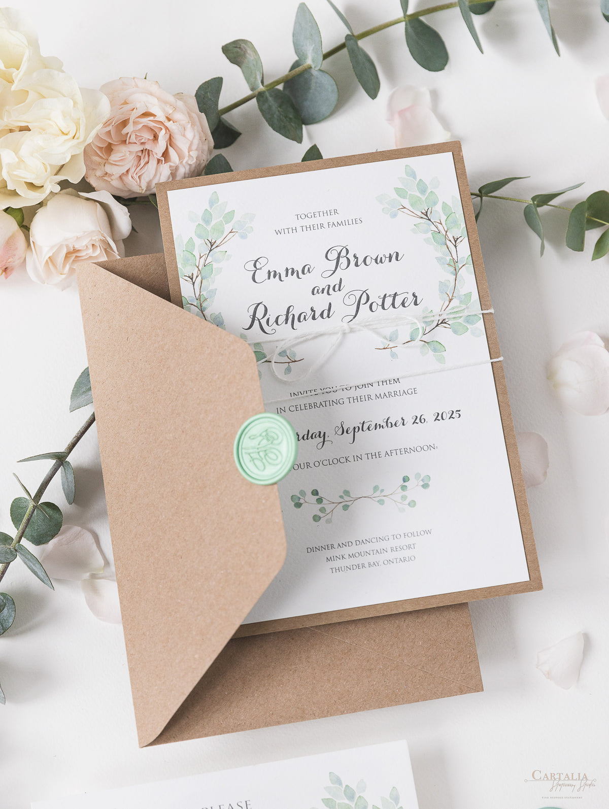 Invitation du jour du mariage Sage Eucalyptus avec sceau de cire