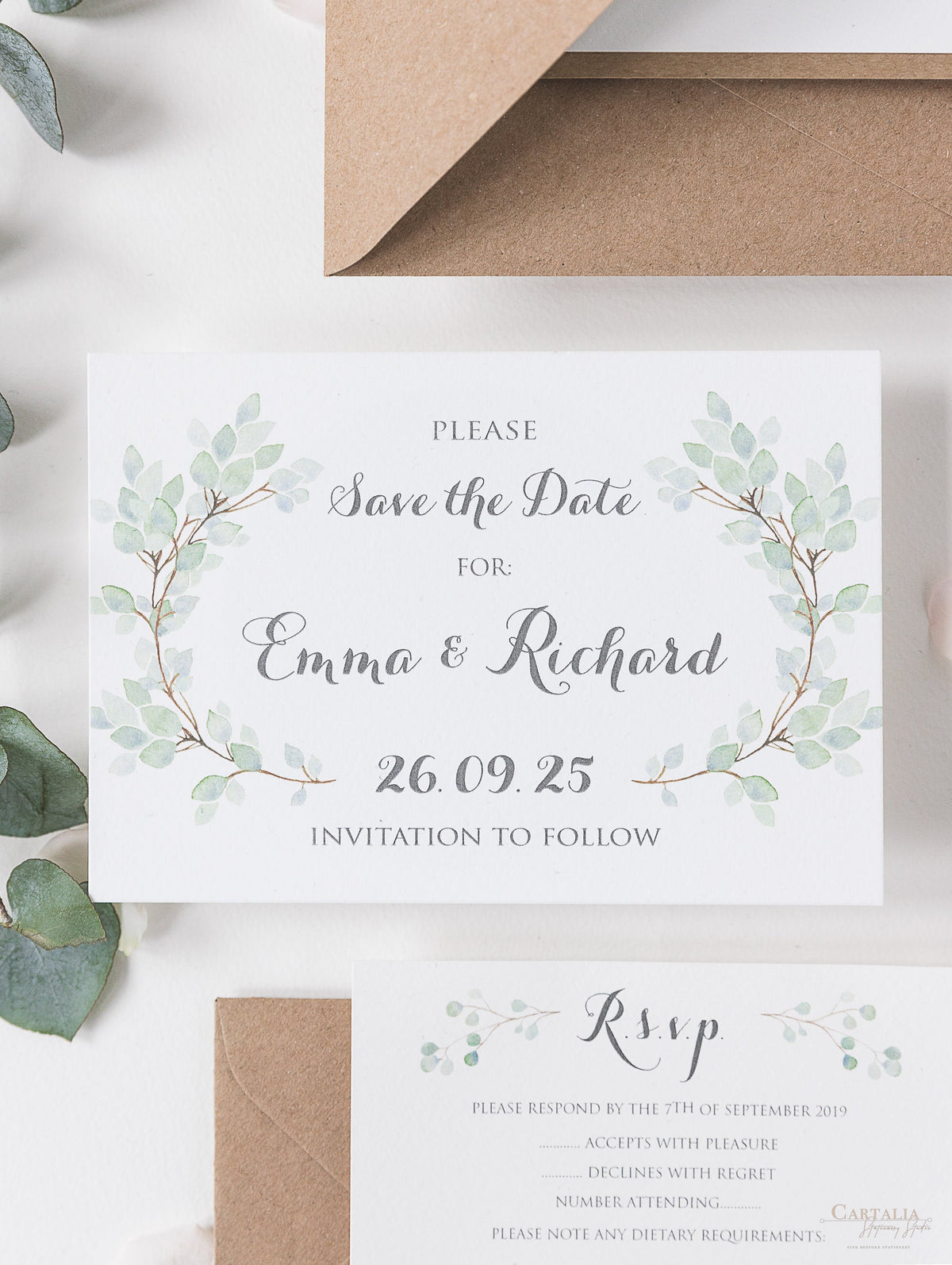 Green Eucalyptus Watercolour Leaf Rustic Wedding Save the Date