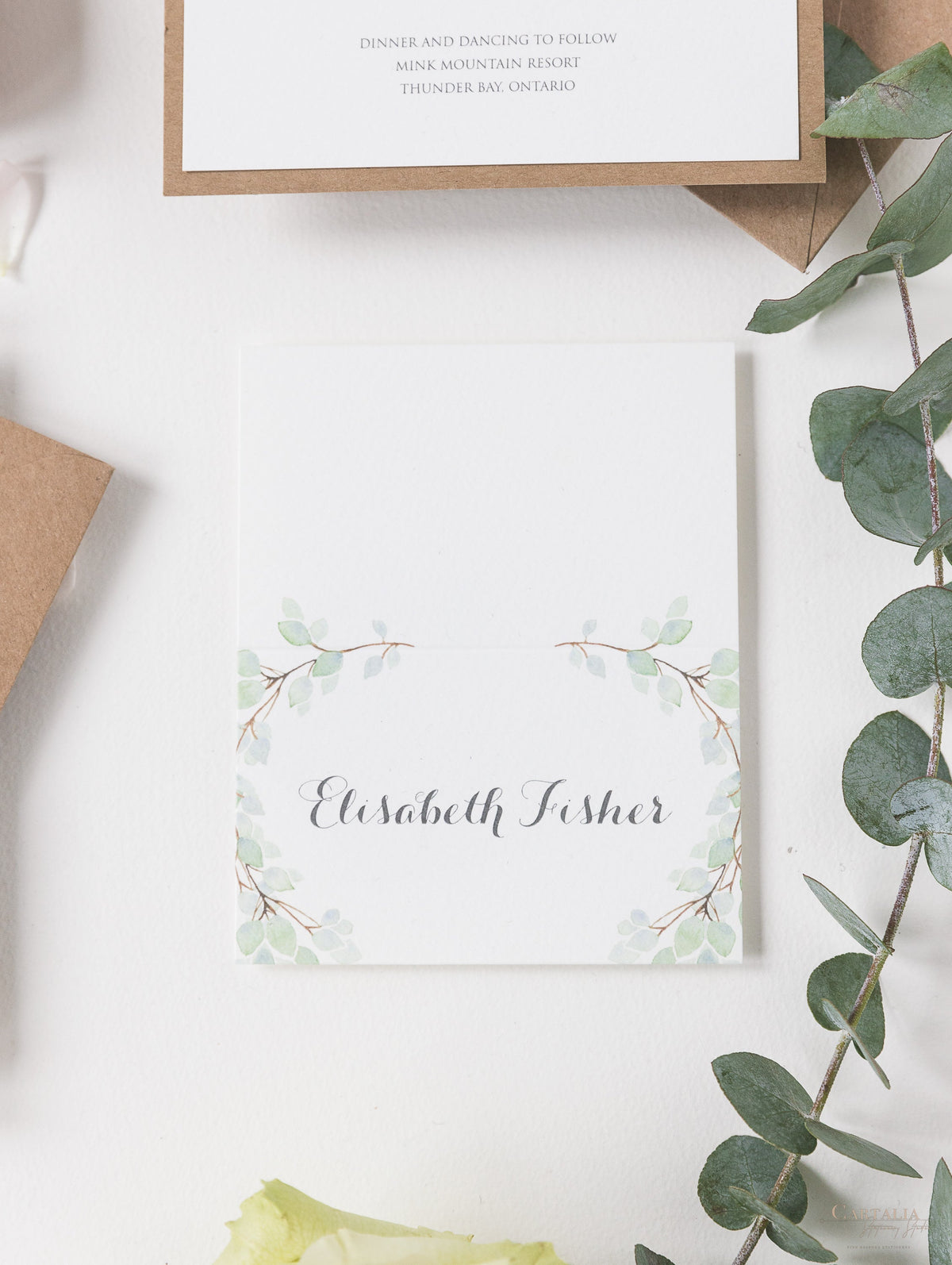 Green Watercolour Leaf Rustic Wedding Place Card