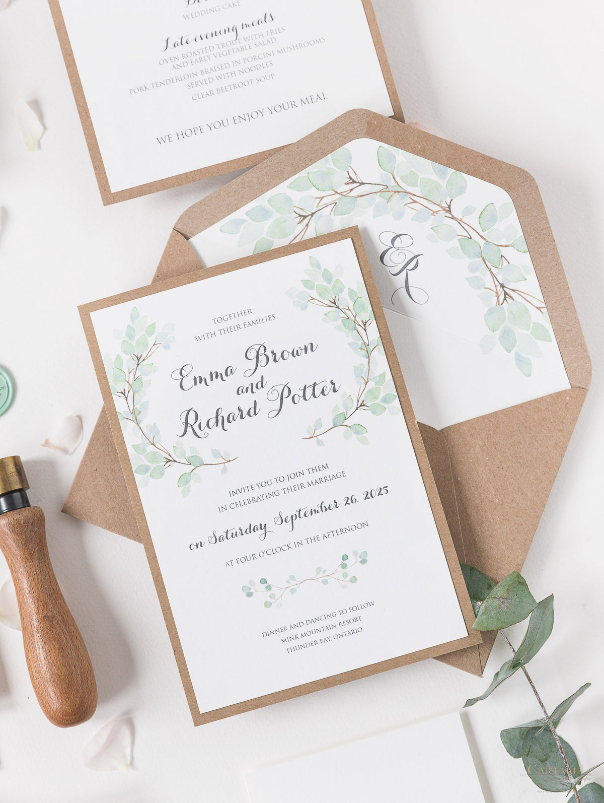 Sage Eucalyptus Wedding Day Invitation with Wax Seal