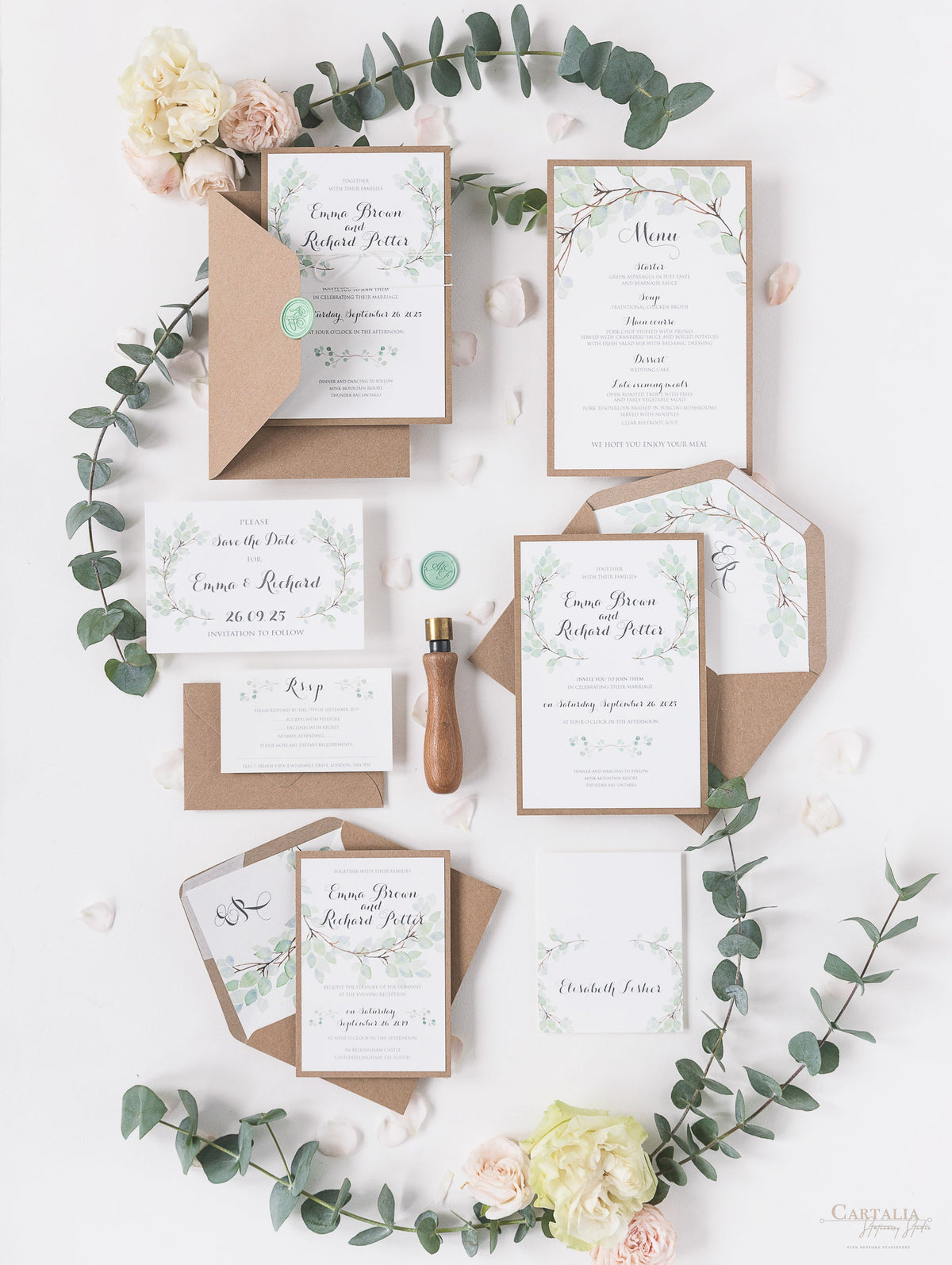 Invitation du jour du mariage Sage Eucalyptus avec sceau de cire