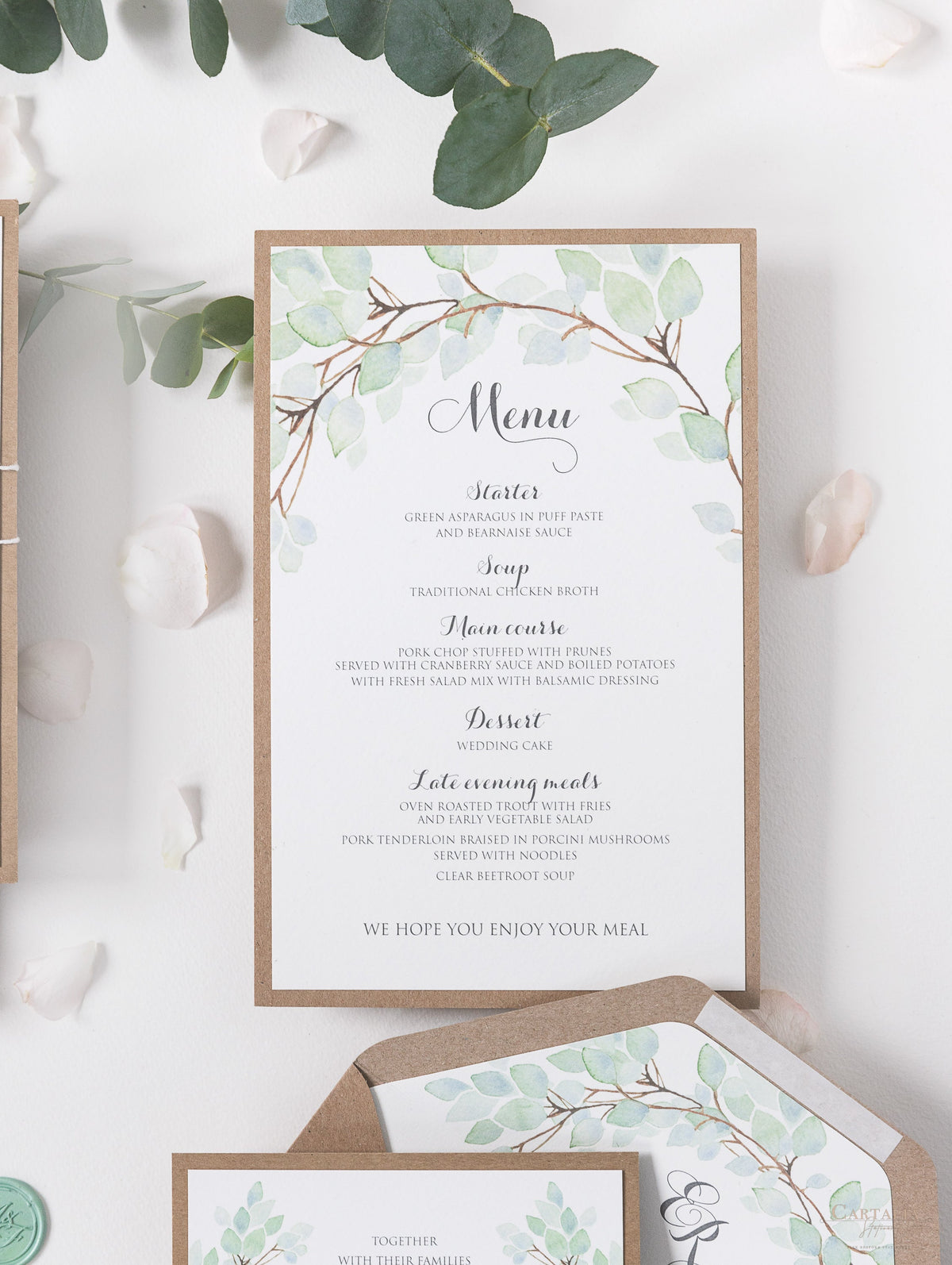 Ordine di servizio/menu di matrimonio rustico con foglia verde acquerello