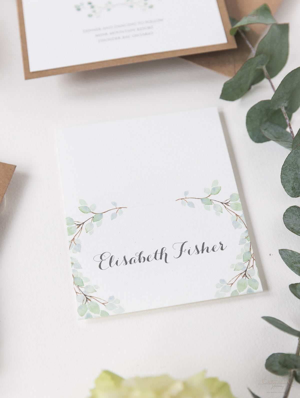 Green Watercolour Leaf Rustic Wedding Place Card