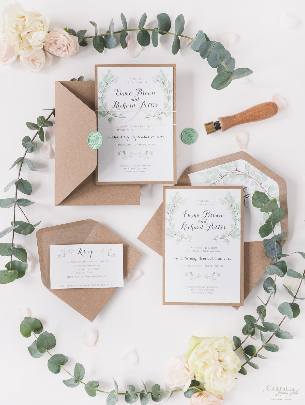 Invitation du jour du mariage Sage Eucalyptus avec sceau de cire