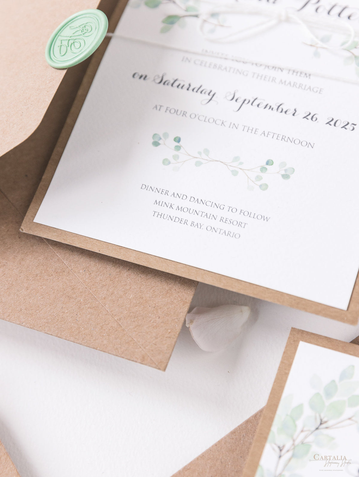 Invitation du jour du mariage Sage Eucalyptus avec sceau de cire