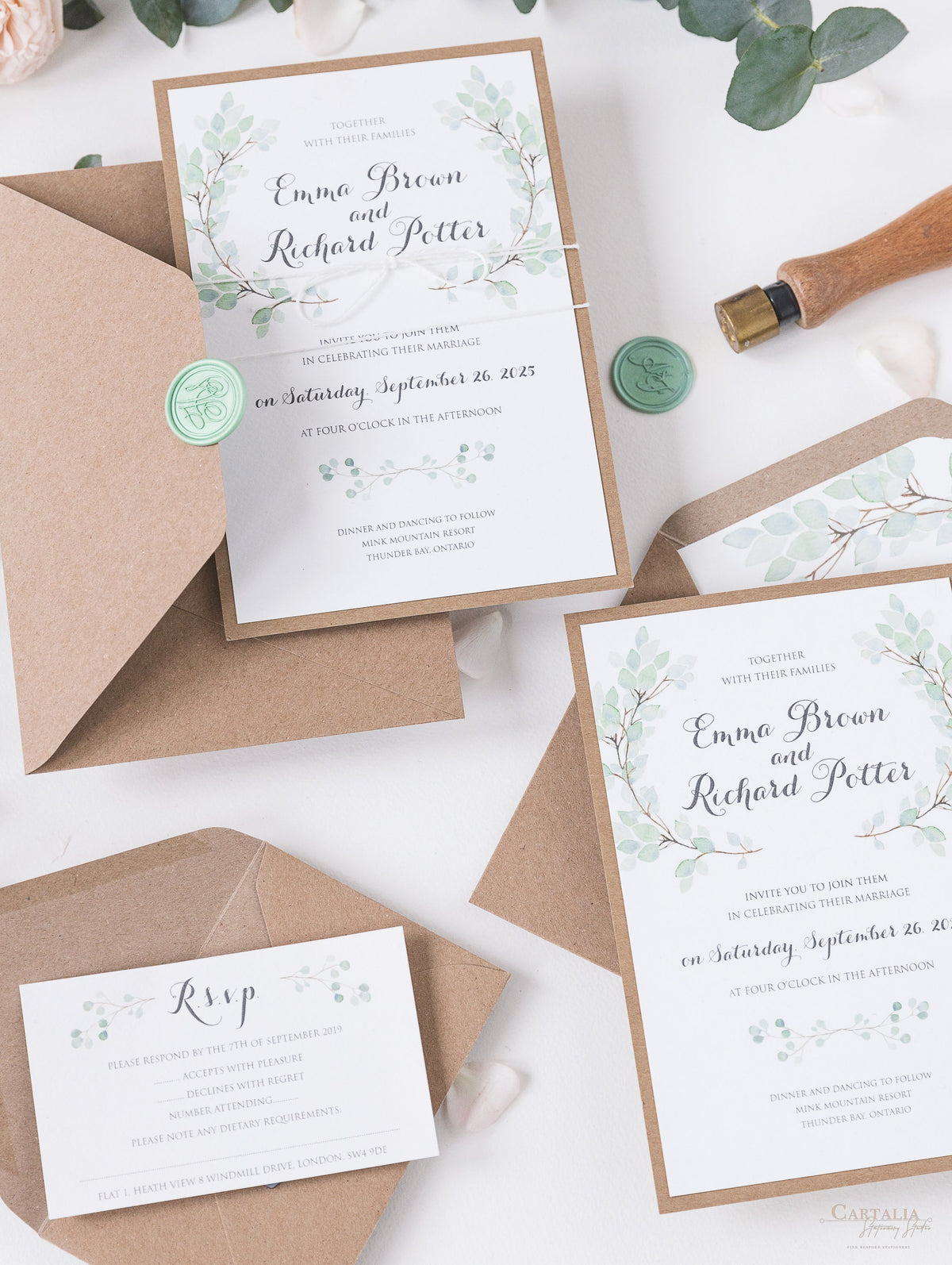 Invitation du jour du mariage Sage Eucalyptus avec sceau de cire