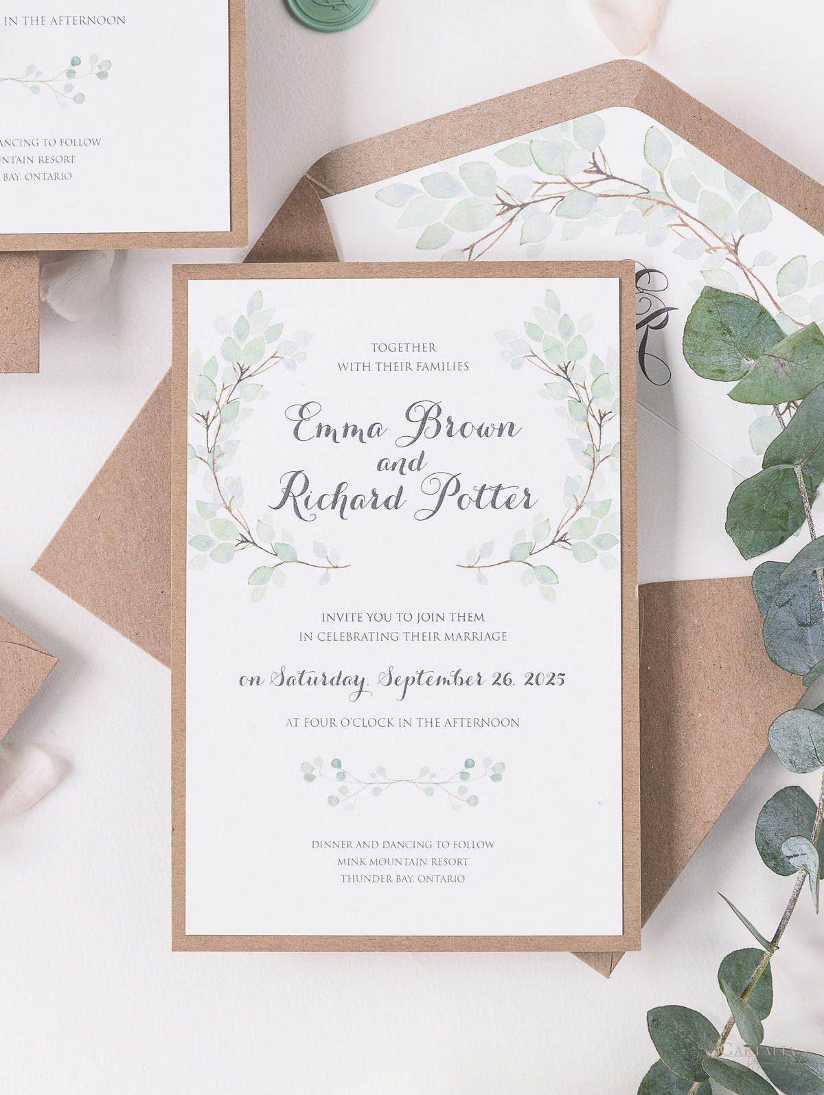 Invitation du jour du mariage Sage Eucalyptus avec sceau de cire