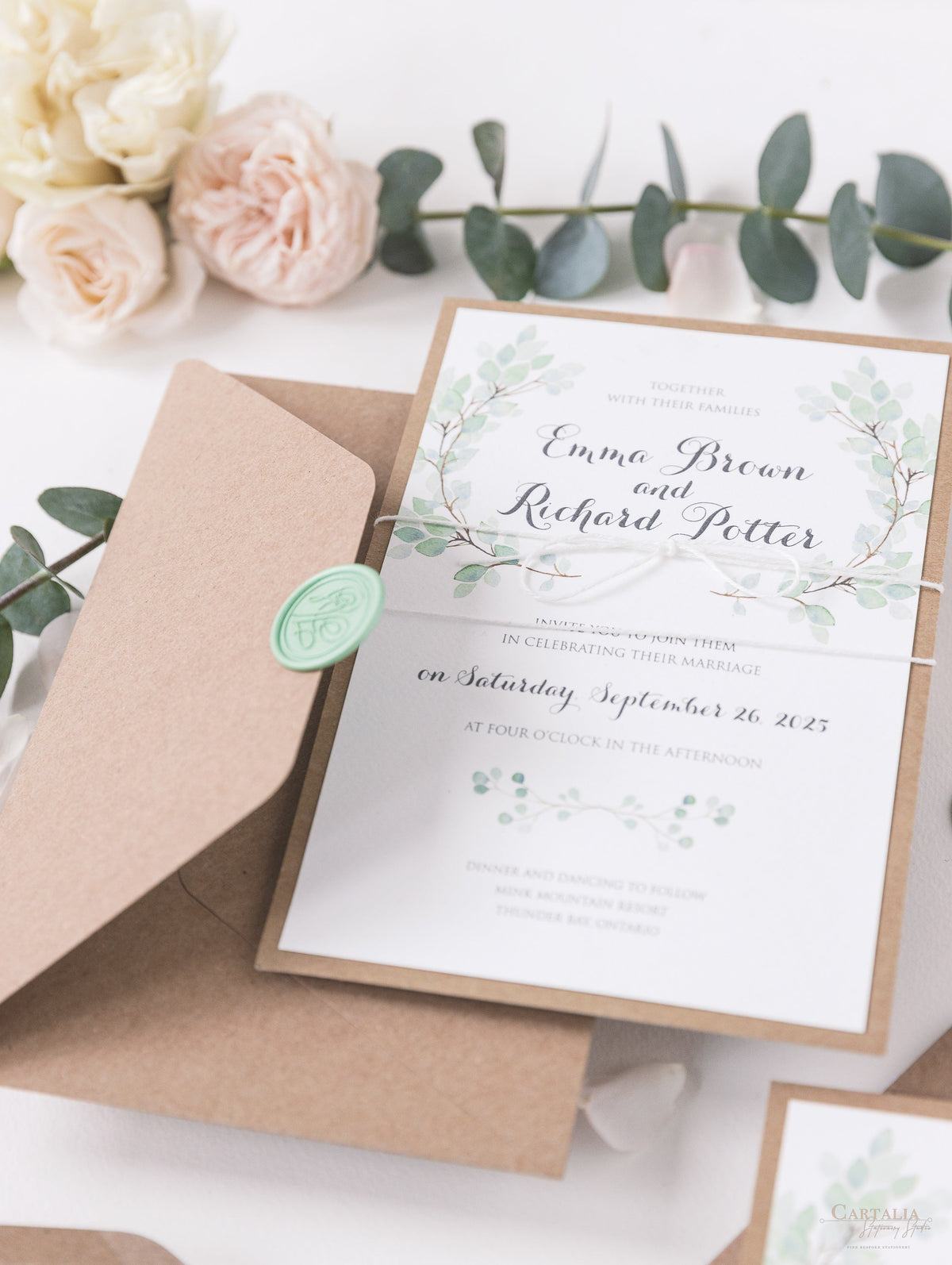 Invitation du jour du mariage Sage Eucalyptus avec sceau de cire