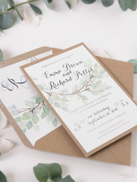 Invito a una serata di matrimonio rustico con foglia verde acquerello