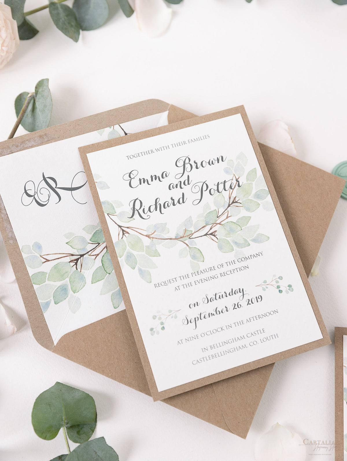 Invitation de soirée de mariage rustique de feuille d'aquarelle verte