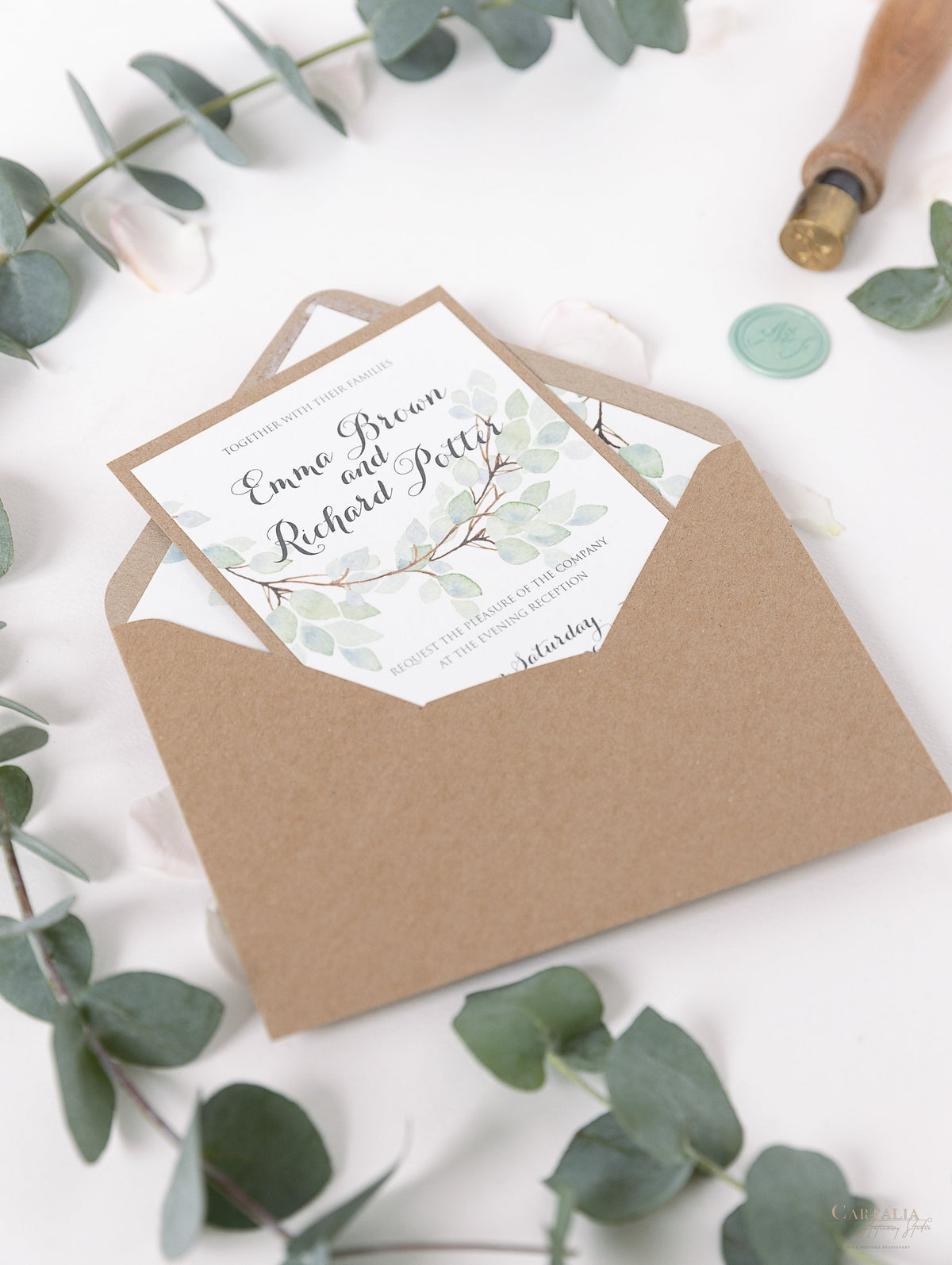 Invitation de soirée de mariage rustique de feuille d'aquarelle verte