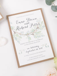 Invito a una serata di matrimonio rustico con foglia verde acquerello