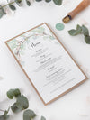 Ordine di servizio/menu di matrimonio rustico con foglia verde acquerello
