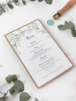 Ordine di servizio/menu di matrimonio rustico con foglia verde acquerello