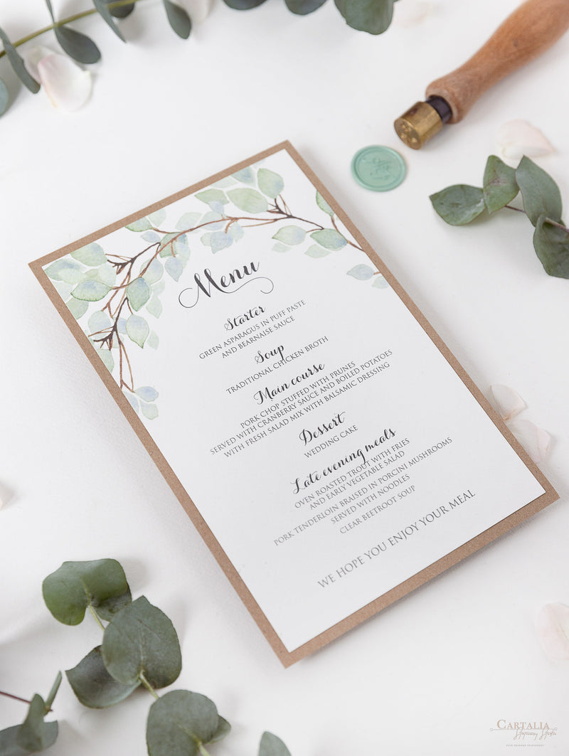 Ordine di servizio/menu di matrimonio rustico con foglia verde acquerello