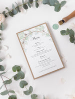 Ordine di servizio/menu di matrimonio rustico con foglia verde acquerello