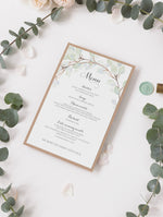 Ordine di servizio/menu di matrimonio rustico con foglia verde acquerello