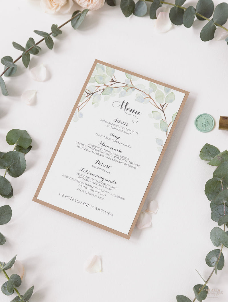 Ordine di servizio/menu di matrimonio rustico con foglia verde acquerello