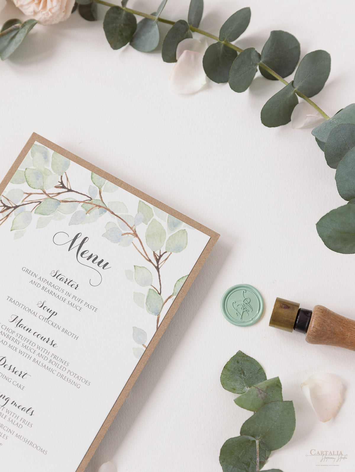 Ordine di servizio/menu di matrimonio rustico con foglia verde acquerello