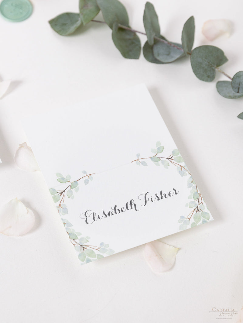 Green Watercolour Leaf Rustic Wedding Place Card